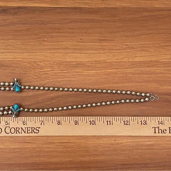 Vintage Faux Turquoise Silver-tone Ball Chain Squash Blossom Boho Necklace - Picture 12 of 12